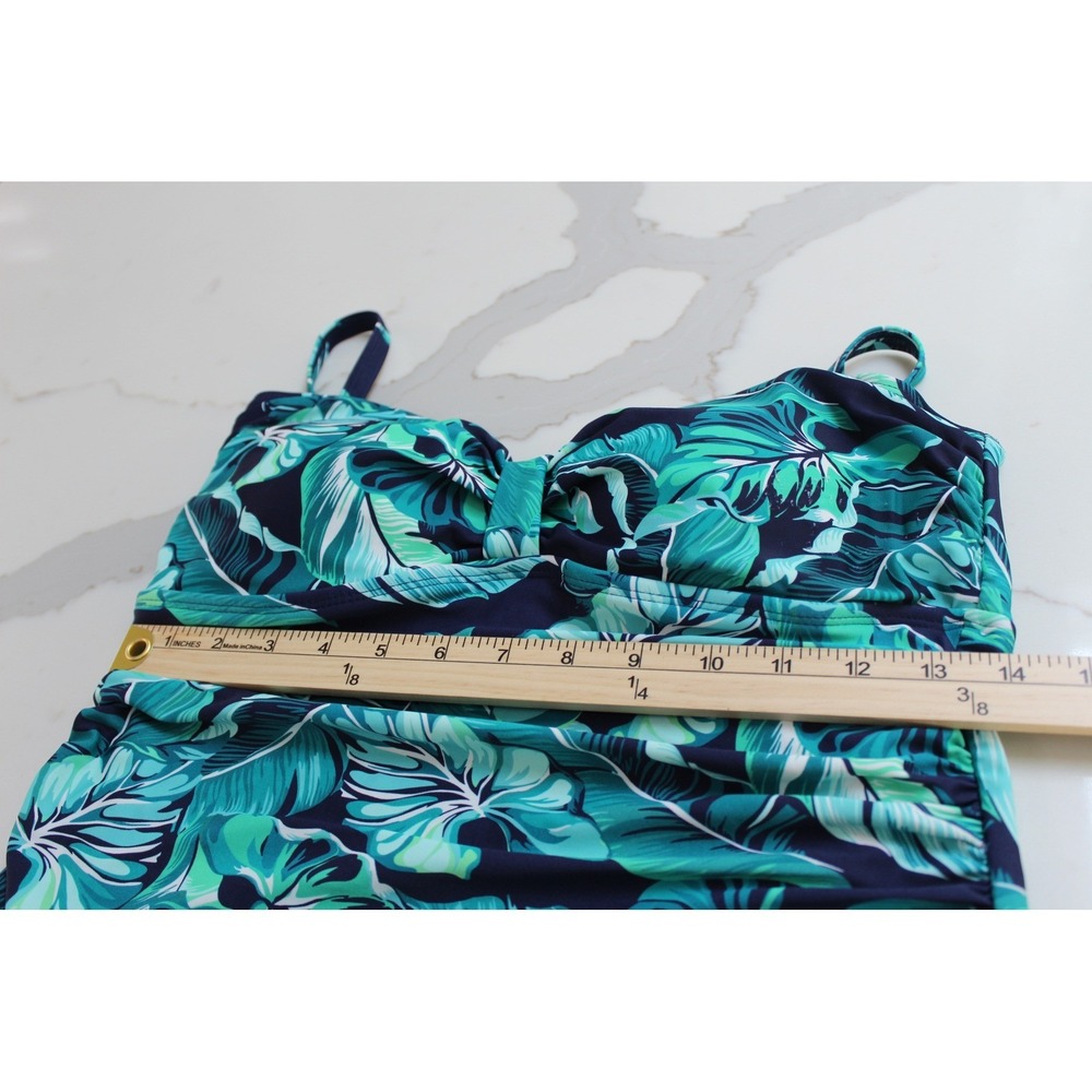 Shore Shapes Swimdress Teal Green Tropical Leaf Ruched Swimsuit Size 12 - Picture 3 of 10